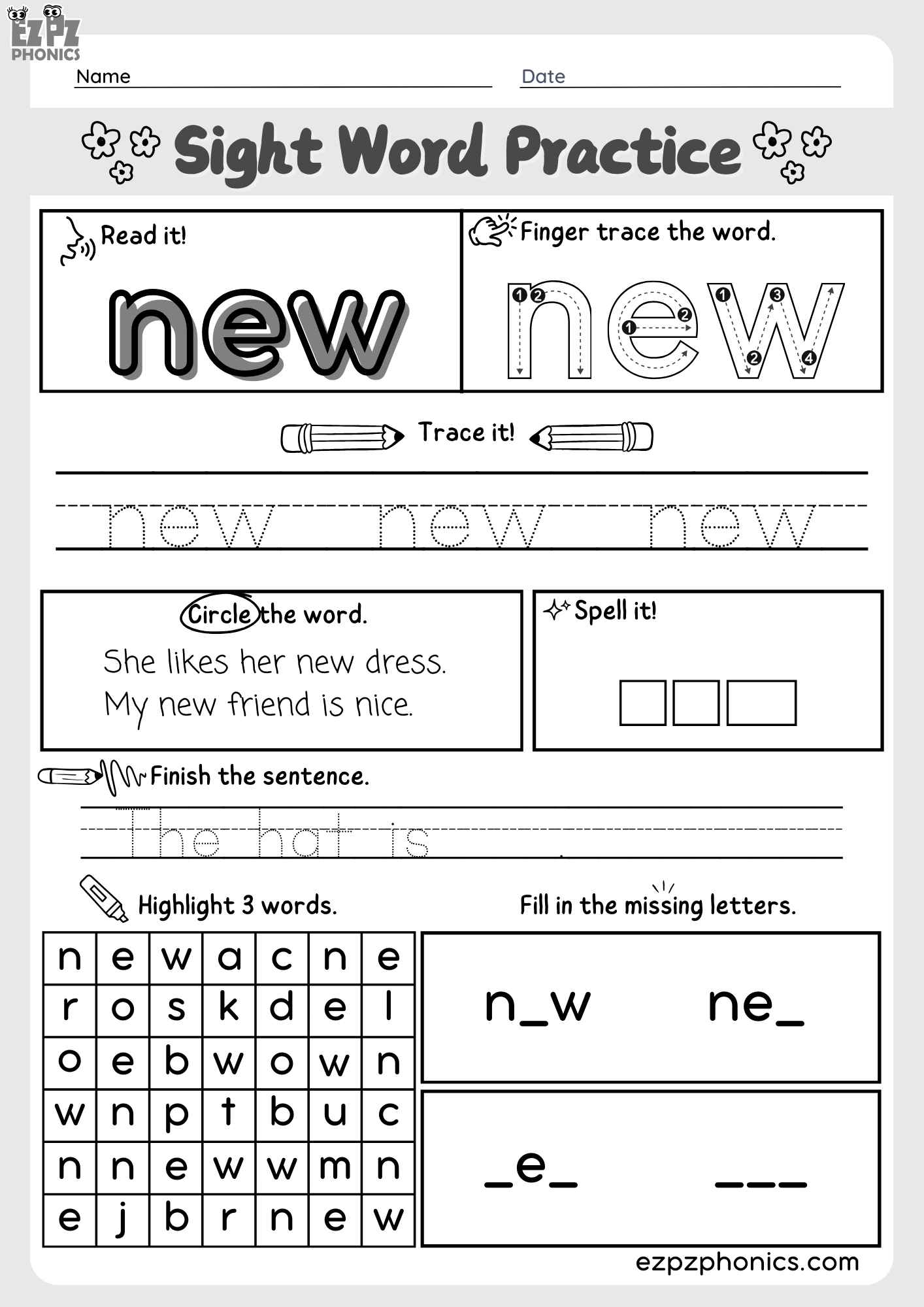 Dolch Kindergarten Sight Word "New" – Engaging Activities PDF Download